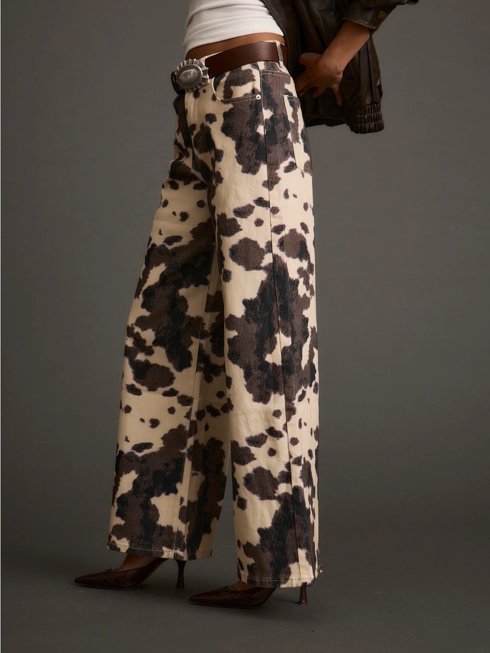 12th Tribe Midland Wide Leg Cow Print Pants in Cream & Brown - Picture 5 of 7